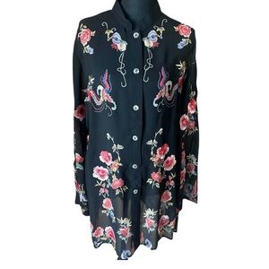 Citron Santa Monica Sheer Black Embroidered Floral Tunic Blouse L